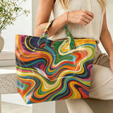 Colorful rainbow swirl marble print tote bag for women, large capacity and stylish for shopping or travel, by HSF Marketplace.