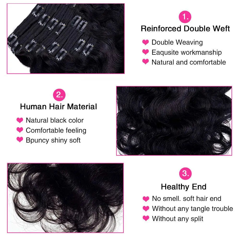Body wave Brazilian human hair clip-in extensions, 8-piece double weft set in black-brown #1B