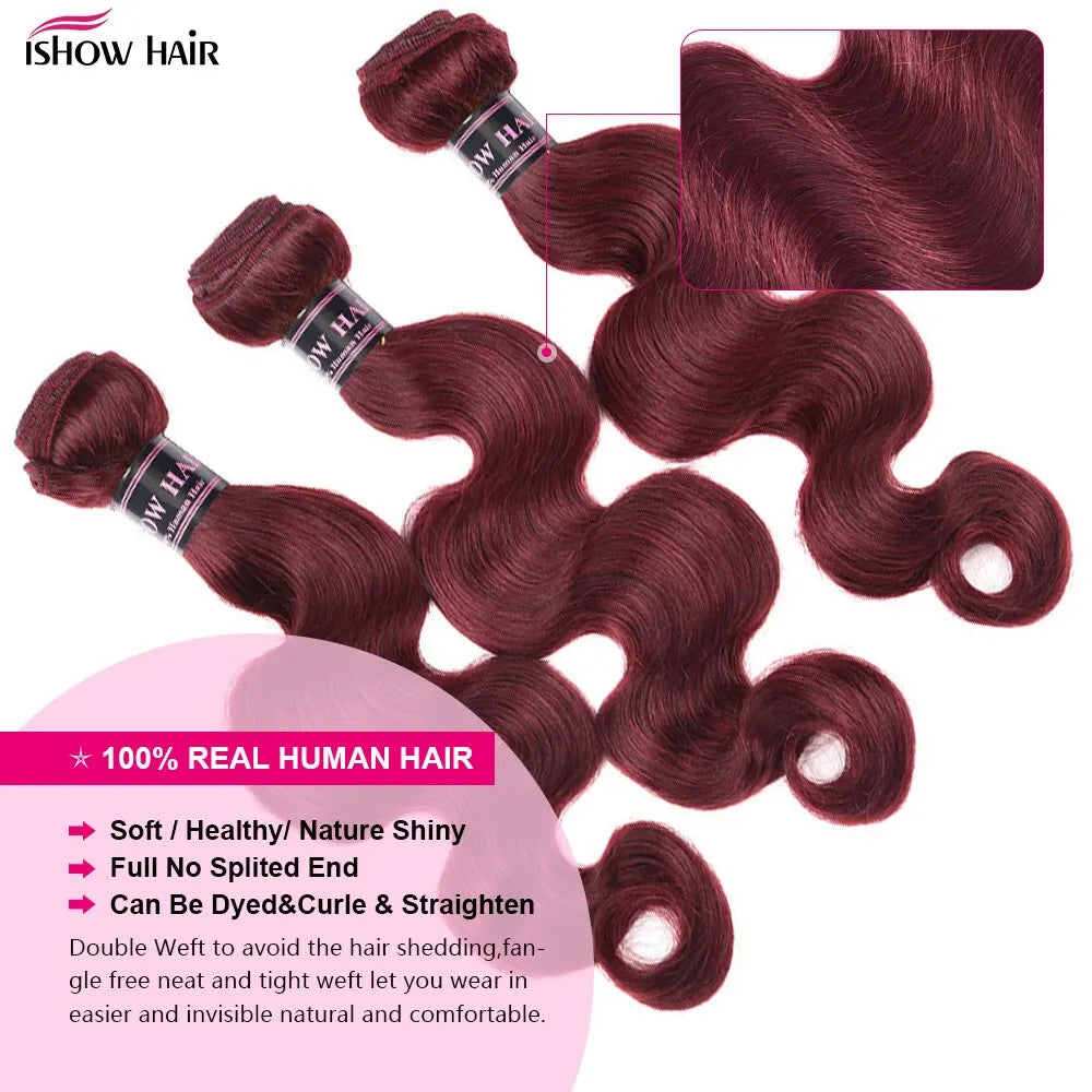 99J Burgundy Body Wave Human Hair Extensions with 4x4 Lace Closure And 5x5 Lace Closure Remy Hair Bundles for Women