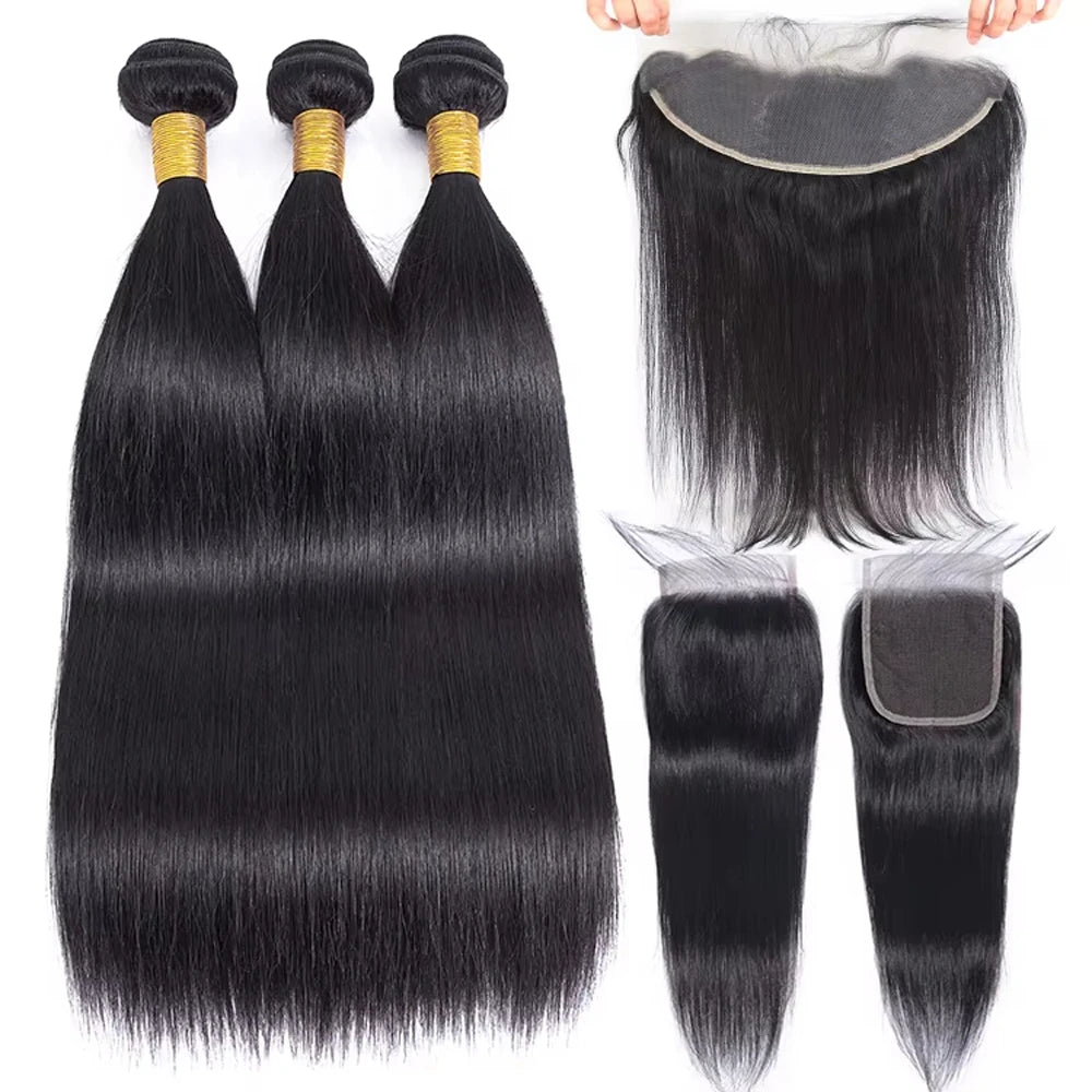 Straight Bundles With Frontal Closure Human Hair Double Weft Quick Weave 3 Bundles with 13x4 Frontal 4x4 Closure Pre Plucked #1B
