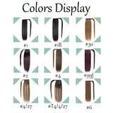 Straight human hair wrap-around ponytail extension with clip for women, shown in a sleek ponytail style