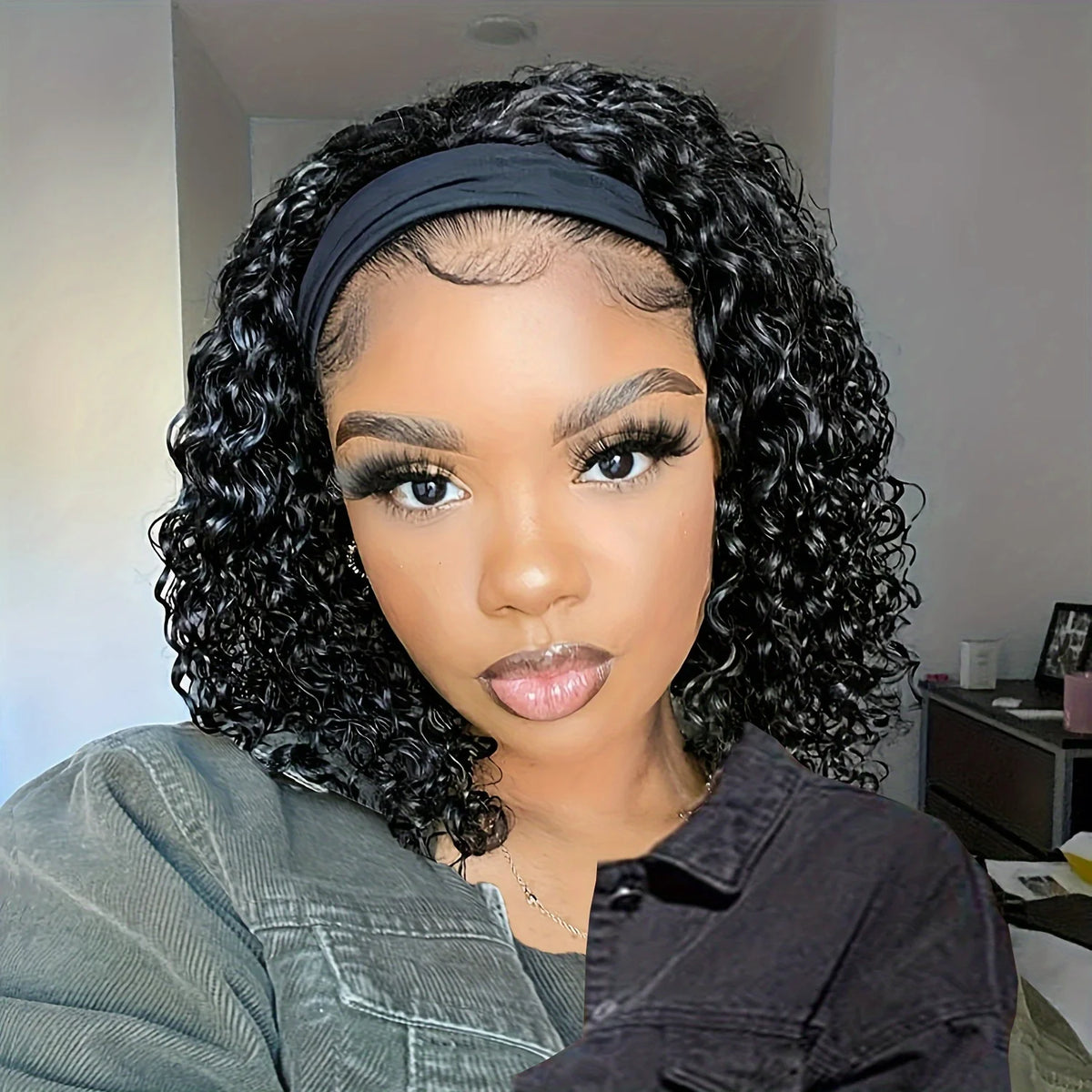 Deep wave headband wig, human hair curly bob in natural black, full machine-made wig for women