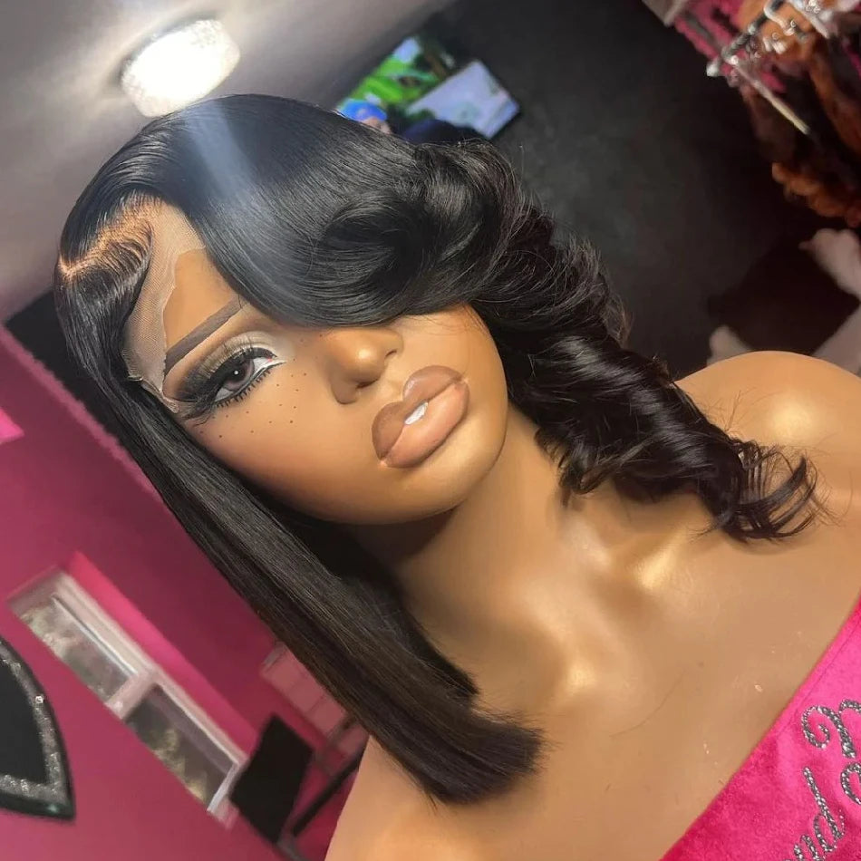 Brazilian straight human hair lace front wig with transparent lace, pre-plucked, 13x4 inches, layered wavy style, 250 density for women