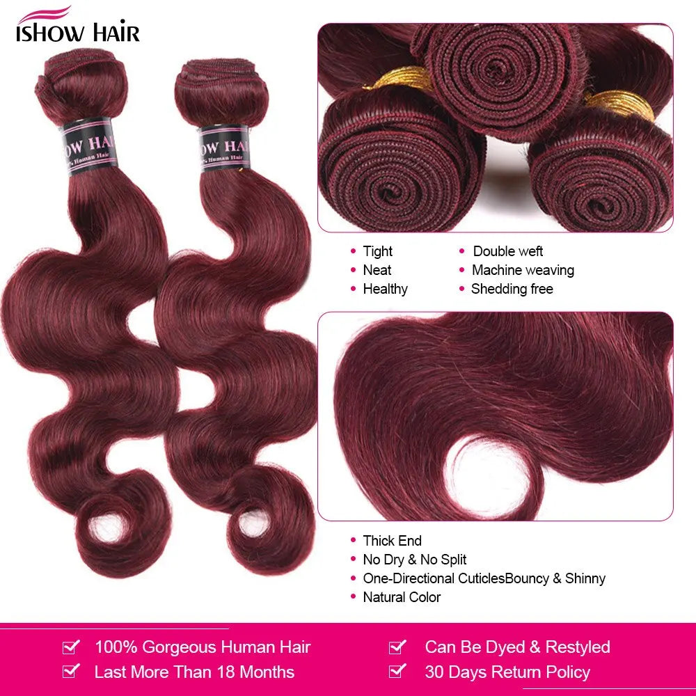 99J Burgundy Body Wave Human Hair Extensions with 4x4 Lace Closure And 5x5 Lace Closure Remy Hair Bundles for Women
