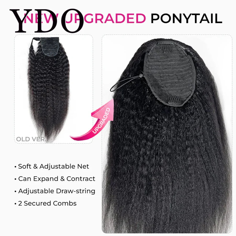 Kinky Straight Ponytail With InvisiFit Strap Drawstrings 100% Human Hair Extension Ponytail Wear Go Natural Black For Women