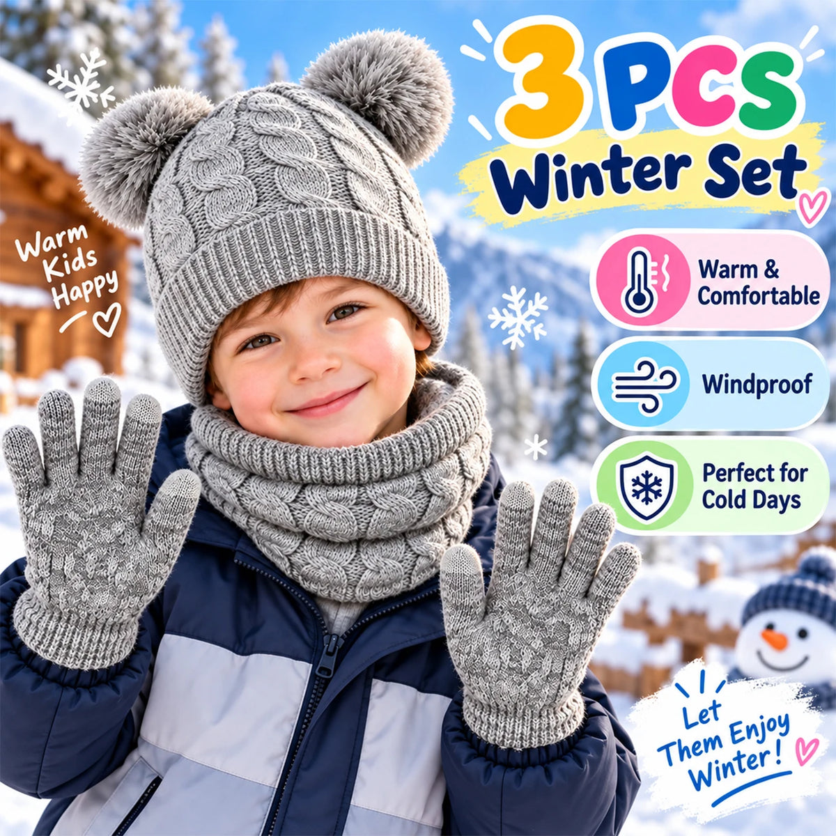 Kids winter set with warm cotton beanie, scarf, and gloves by HSF Marketplace