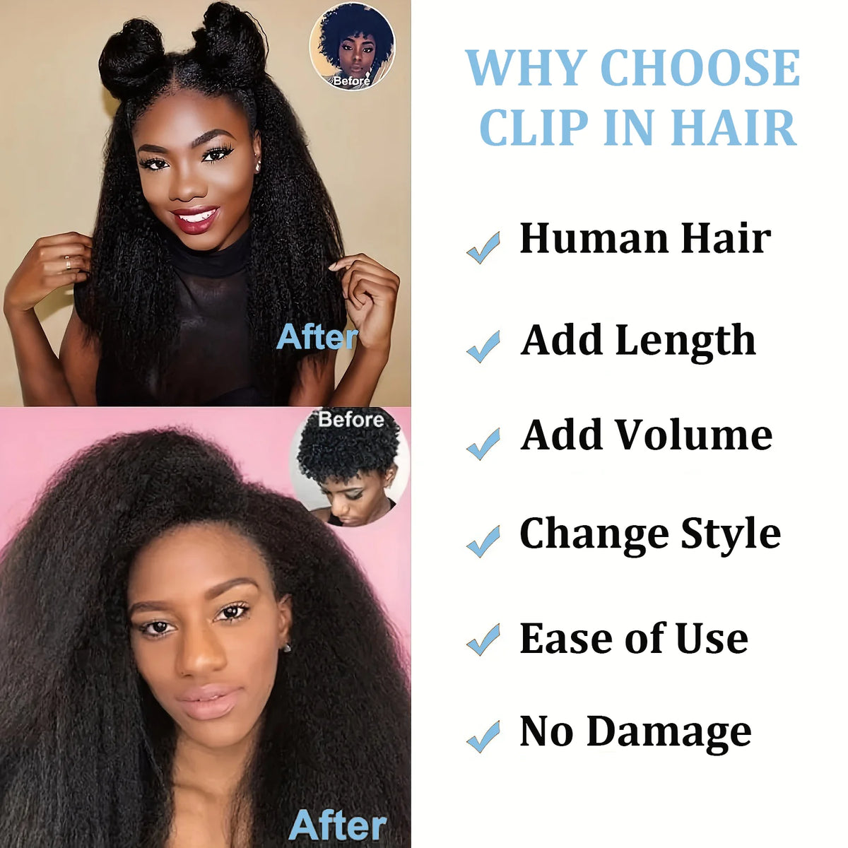 Kinky straight Brazilian Remy human hair clip-in extensions, natural color, 8-piece set for women
