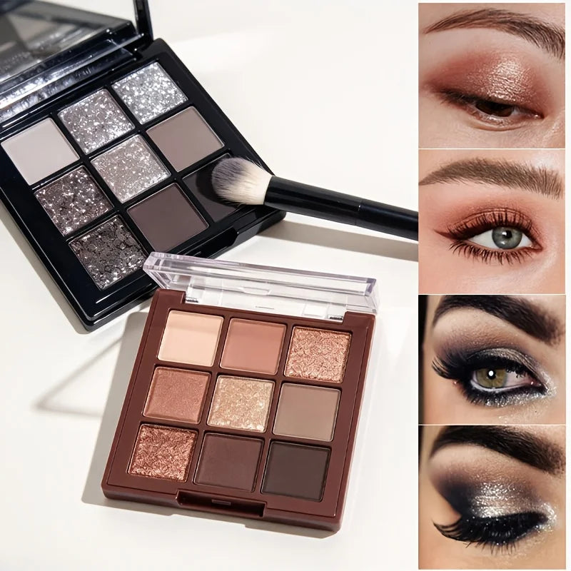 2-piece 9-color chocolate brown and smokey eyeshadow palette set with matte, shimmer, and glitter shades