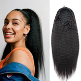 Kinky straight human hair ponytail extension in natural black #1B with wrap-around drawstring design for women