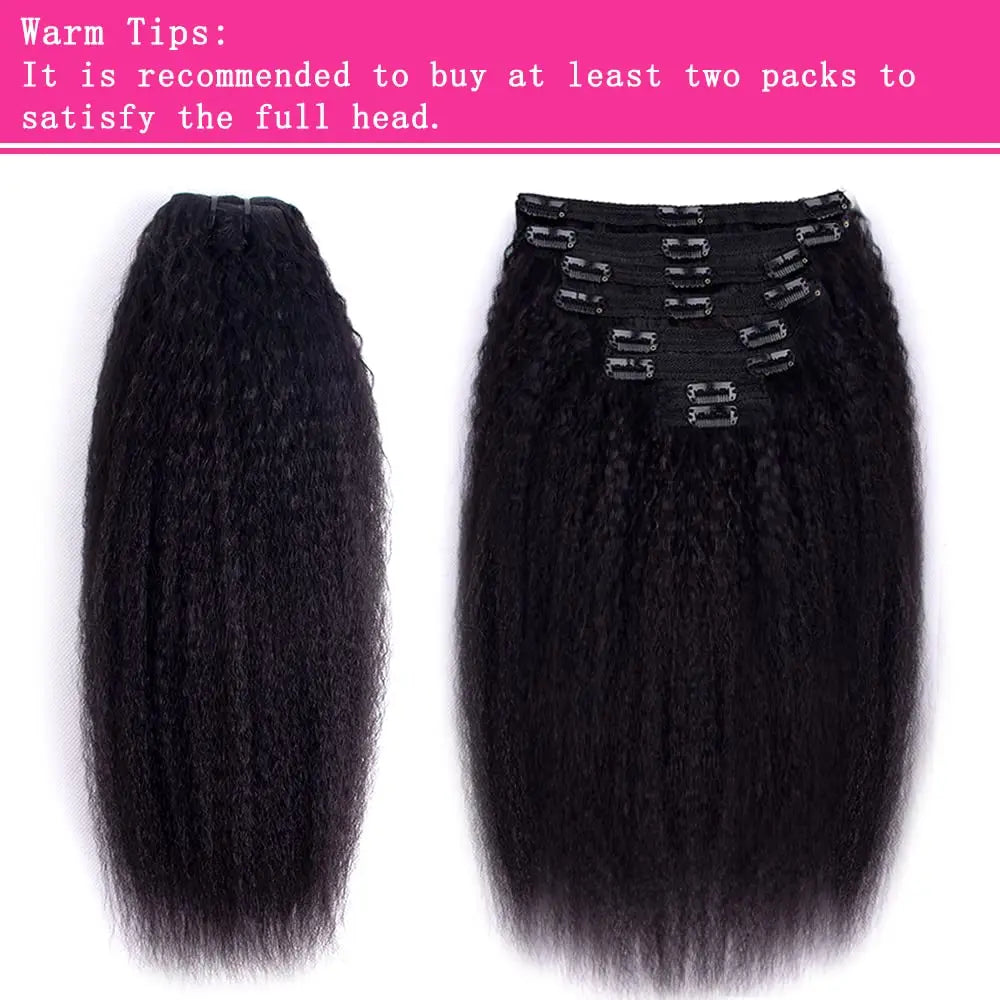 Kinky straight 26-inch clip-in hair extensions, 120g 8-piece set, natural black Brazilian human hair