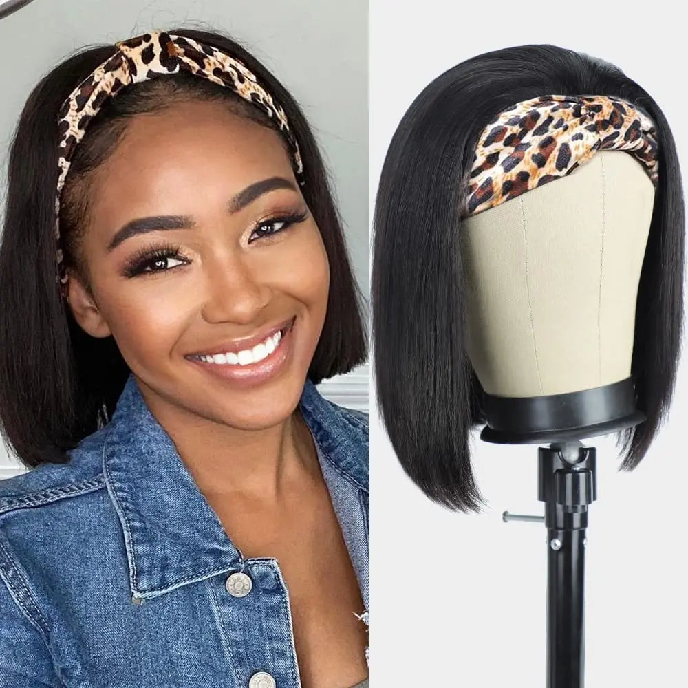 Short straight bob headband wig, 180% density human hair, glueless machine-made wig for women