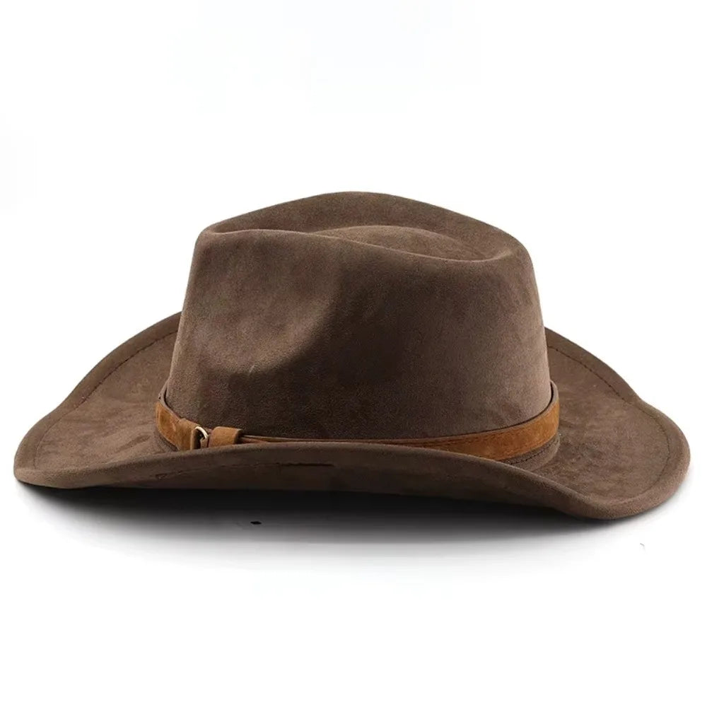 Women's ethnic style western cowboy fedora hat in imitation leather and velvet with rolled edge for autumn and winter
