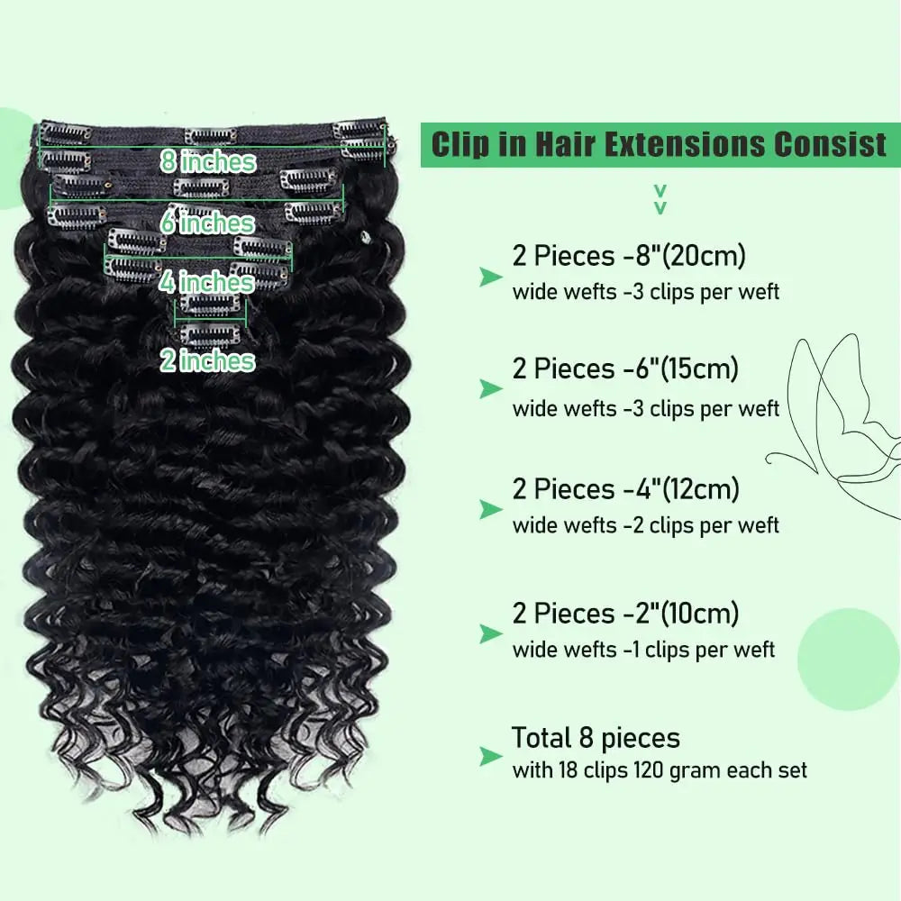 Deep wave Brazilian Remy human hair clip-in extensions, 8-piece set for Black women