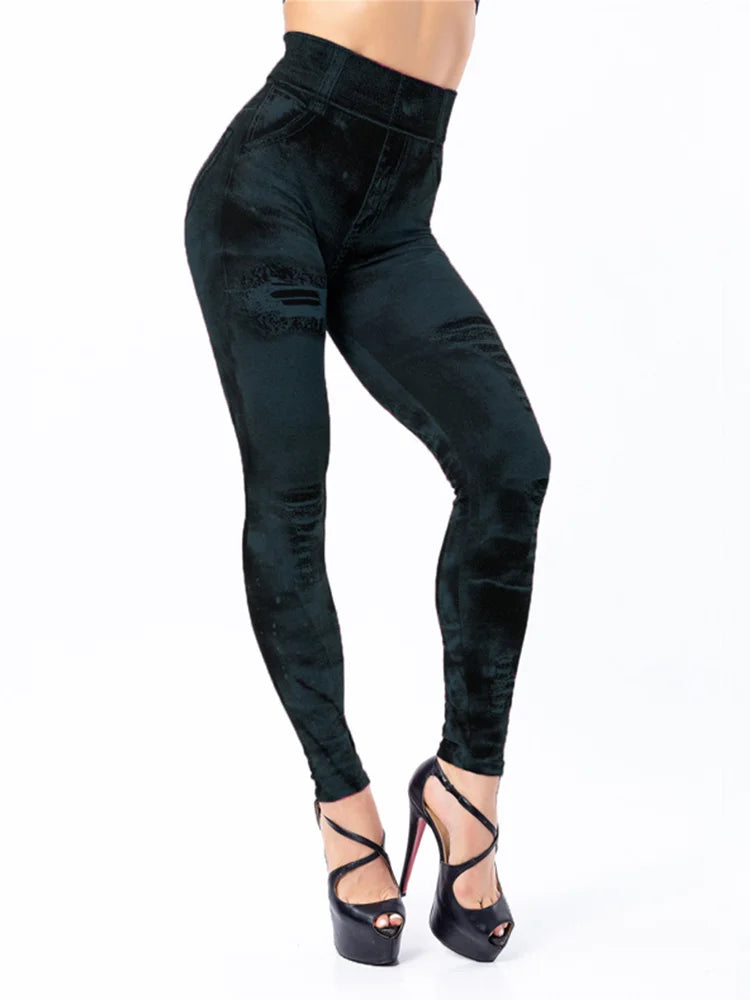 Women's high waist stretch imitation jean leggings with slim push-up fit for gym and streetwear by HSF Marketplace