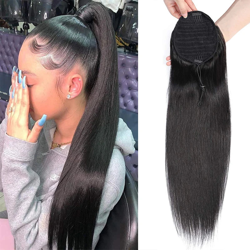 Natural black drawstring straight ponytail made from virgin human hair extensions for women