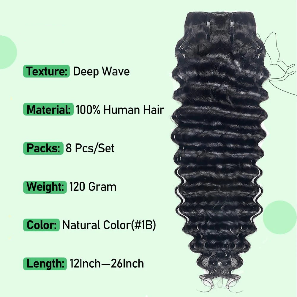 Deep wave Brazilian Remy human hair clip-in extensions, 8-piece set for Black women