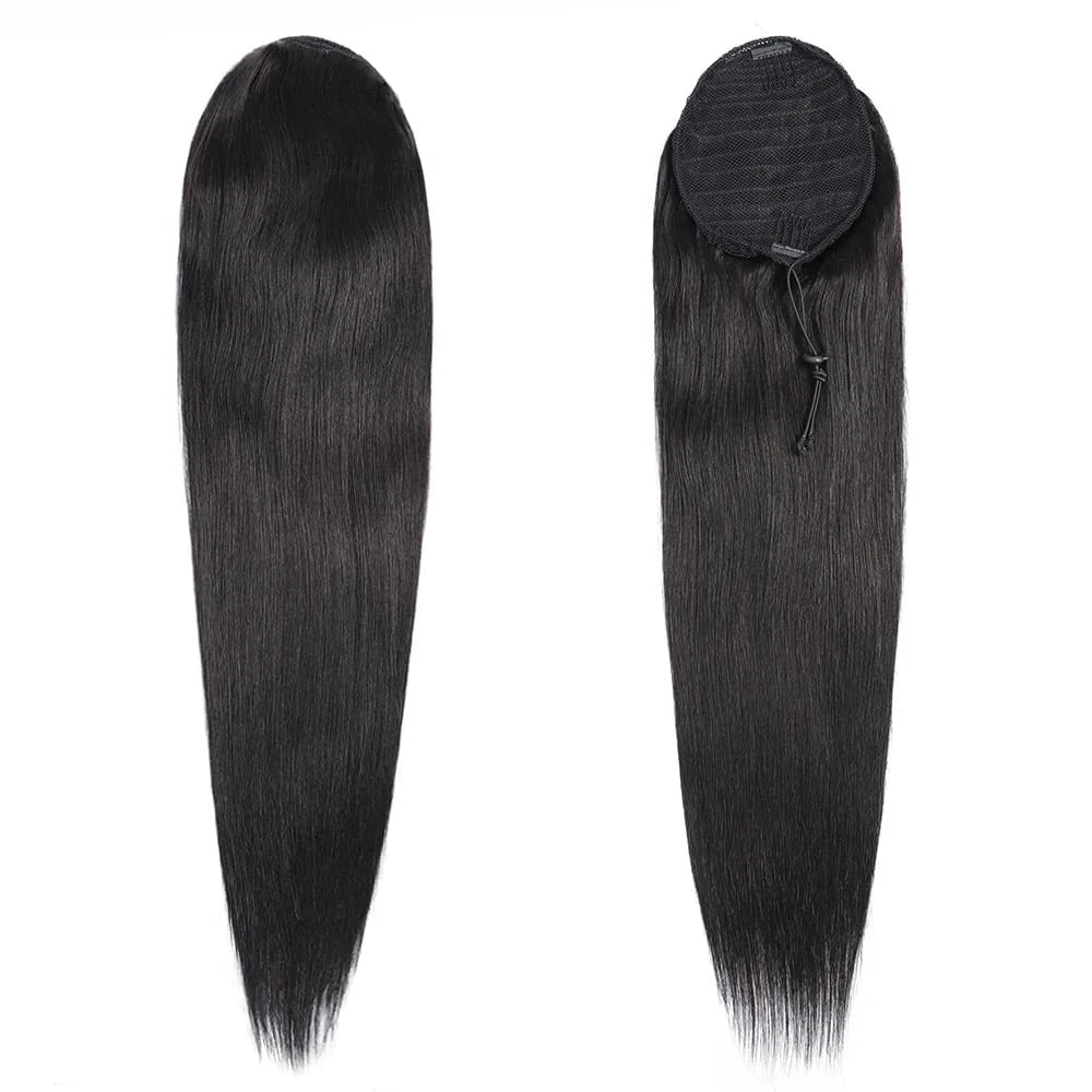 26-inch straight clip-in drawstring ponytail extension in natural color Brazilian Remy human hair
