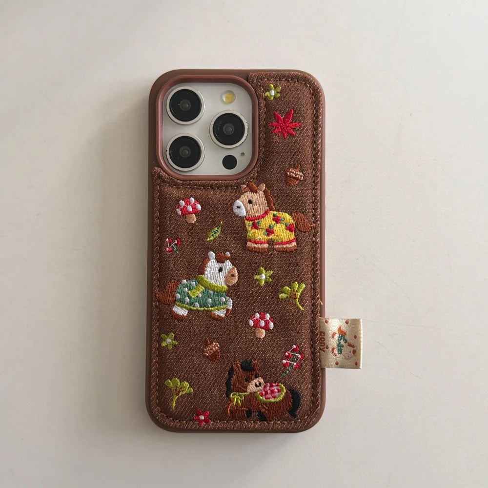 Embroidered Three Ponies phone case for iPhone 17 and 16 Pro by HSF Marketplace