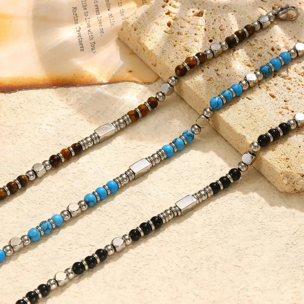 1PC Stainless Steel Fossil Obsidian Tiger's Eye Turquoise Pearl Beaded Bracelet for Men Women Natural Gemstone Stackable Healing Body Jewelry Daily Wear Meditation Party Holiday Best Friend Birthday Anniversary Gift Fashion A