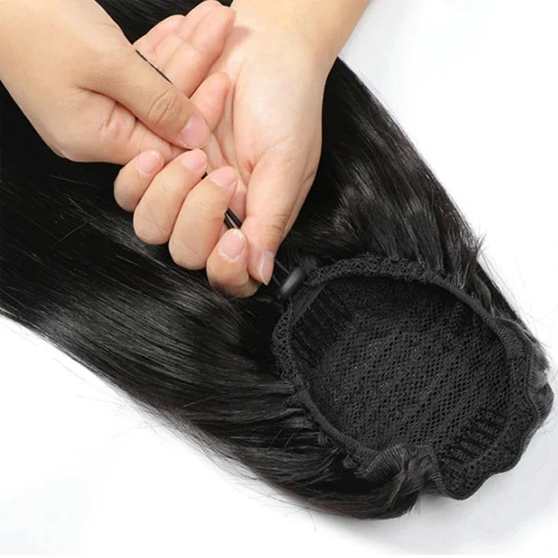 26-inch straight drawstring clip-in ponytail extension in natural color, Brazilian Remy human hair for women
