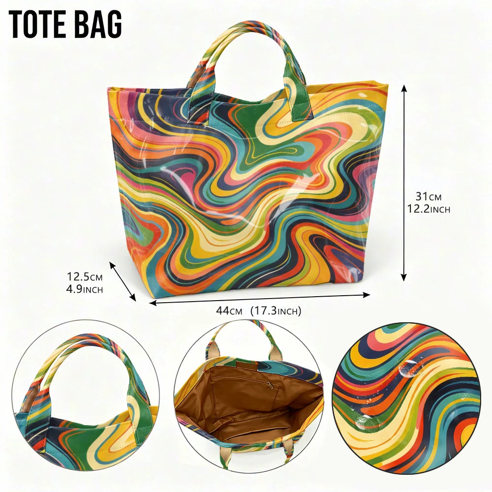 Colorful rainbow swirl marble print tote bag for women, large capacity psychedelic art handbag suitable for shopping and travel.