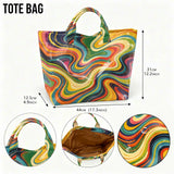 Colorful rainbow swirl marble print tote bag for women, large capacity psychedelic art handbag suitable for shopping and travel.