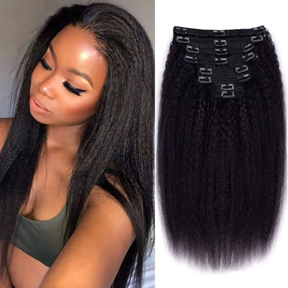 Kinky straight Brazilian Remy human hair clip-in extensions, natural color, 8-piece set for women