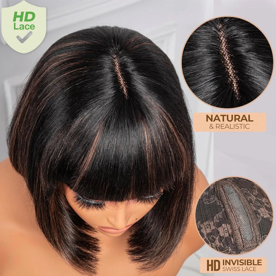 Highlighted short bob wig with bangs, 100% human hair, lace closure, straight style, for women, Brazilian Remy, 8-14 inches
