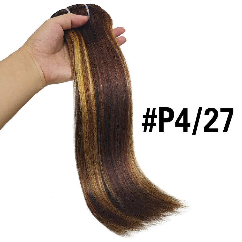 Brown Brazilian human hair clip-in extensions, straight seamless full-head unprocessed hair extensions by HSF Marketplace