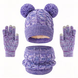 Kids winter set with warm cotton beanie, scarf, and gloves in coordinating colors