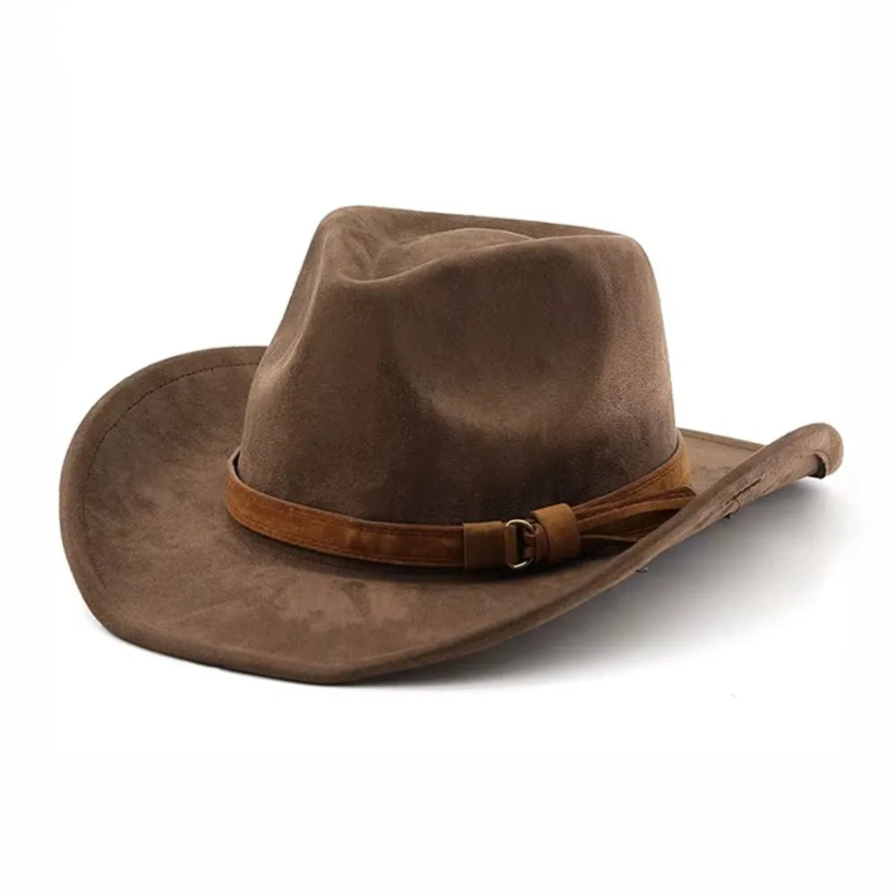 Women's ethnic style western cowboy fedora hat in imitation leather and velvet with rolled edge, autumn and winter design