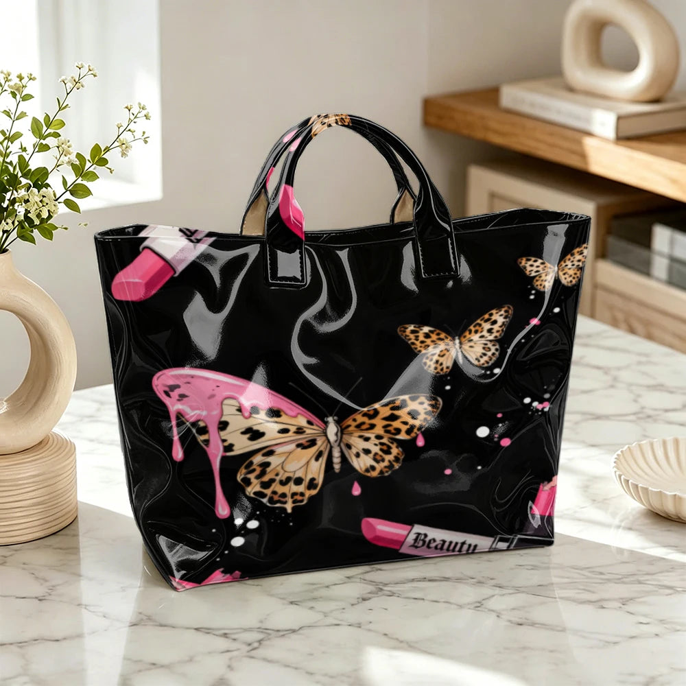 Leopard print and pink lipstick gothic tote bag for women, large capacity street trend handbag with butterfly and dripping lipstick design.