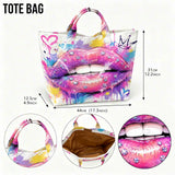 Women tote bag with graffiti lips print, reusable handbag from HSF Marketplace, ideal for shopping, travel, and daily use.