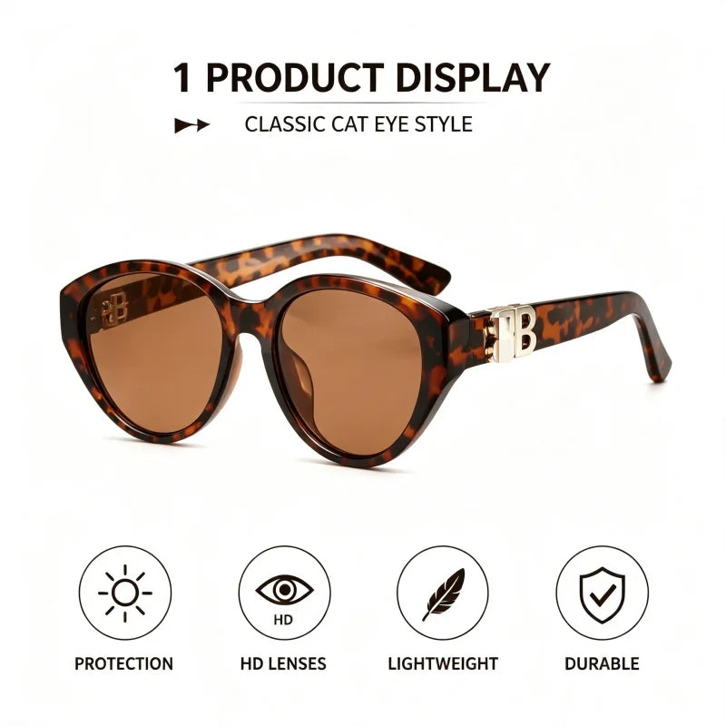 Women’s tortoiseshell leopard cat eye sunglasses with double-B metal logo and UV400 lenses by HSF Marketplace