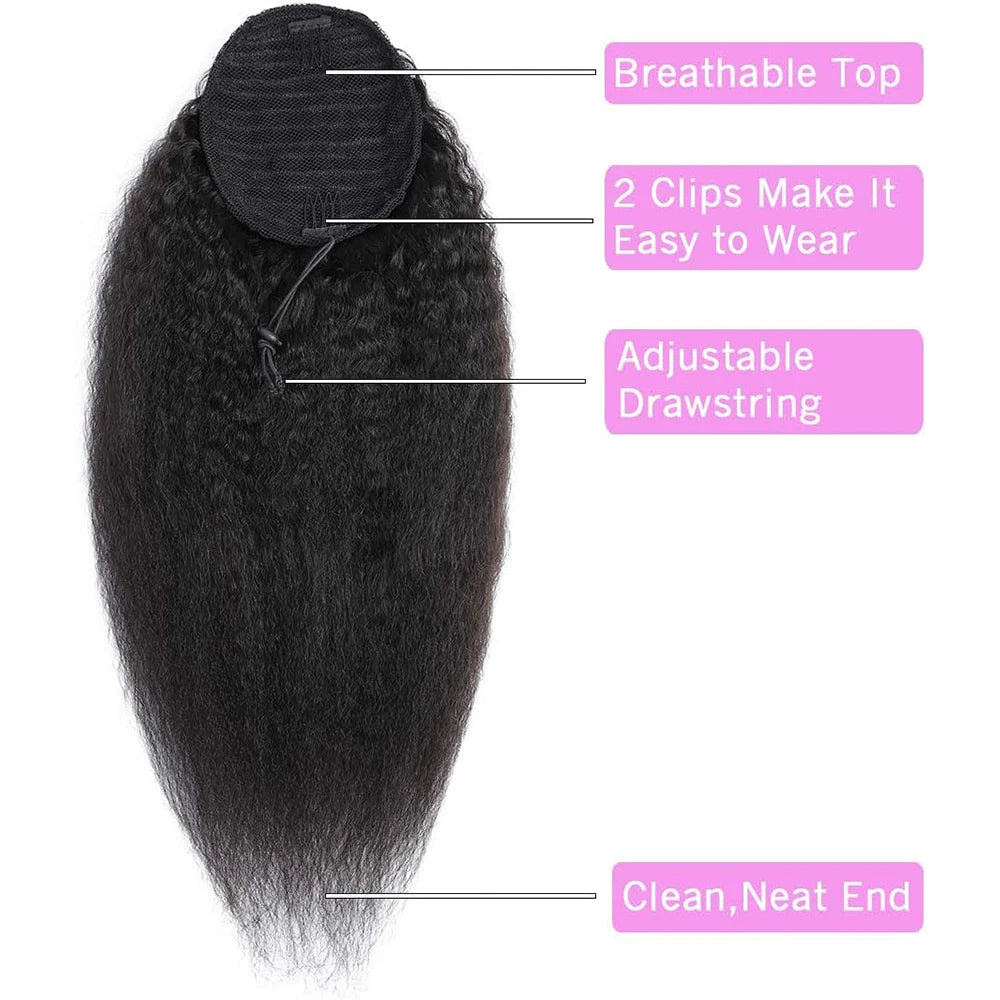 Kinky straight wrap-around drawstring ponytail human hair extension in natural black #1B for women