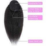 Kinky straight wrap-around drawstring ponytail human hair extension in natural black #1B for women