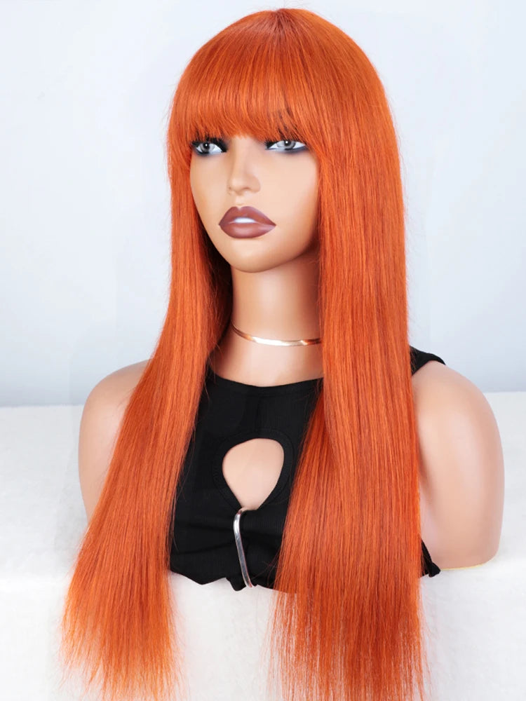 Dirty pink straight human hair wig with bangs for women, full machine-made wig by HSF Marketplace, styled with straight bangs.