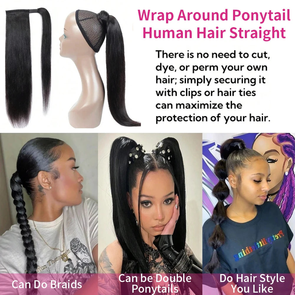 Straight Wrap Around Ponytail Human Hair Extensions Natural Color Hairpiece Brazilian Remy Hair Clip In Ponytail Hair Extensions