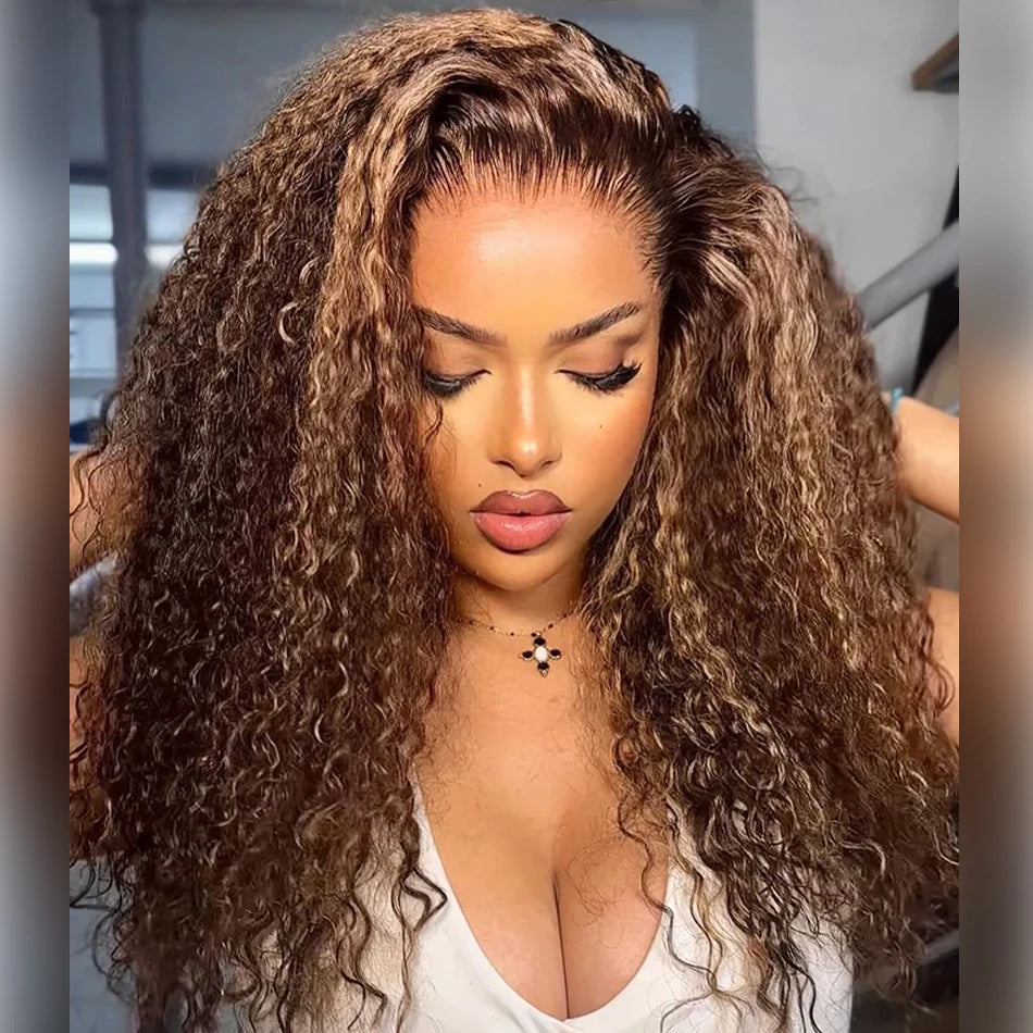 Deep curly Brazilian human hair lace frontal wig with 13x6 HD lace and ombre water wave style, designed for women.