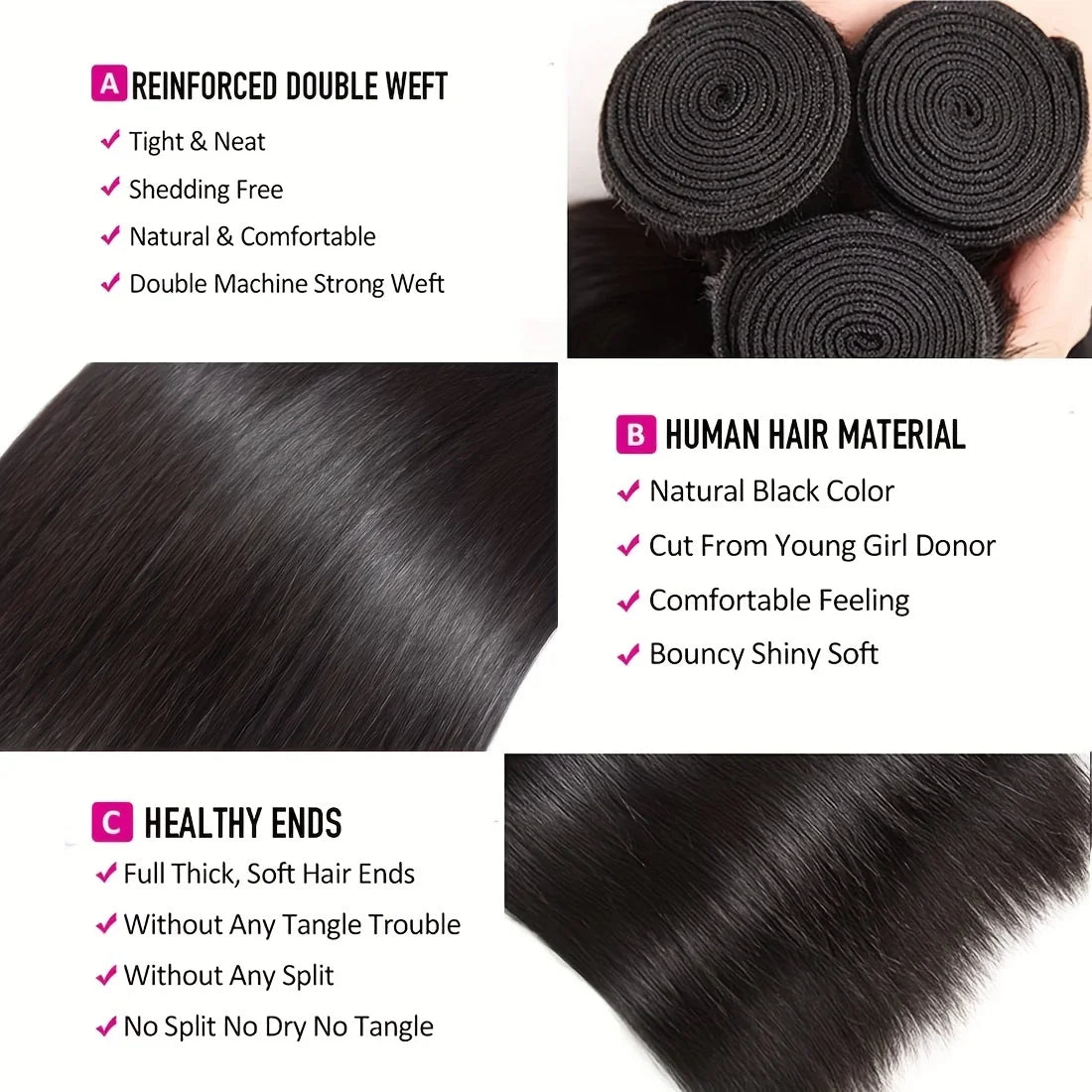Straight Bundles With Frontal Closure Human Hair Double Weft Quick Weave 3 Bundles with 13x4 Frontal 4x4 Closure Pre Plucked #1B