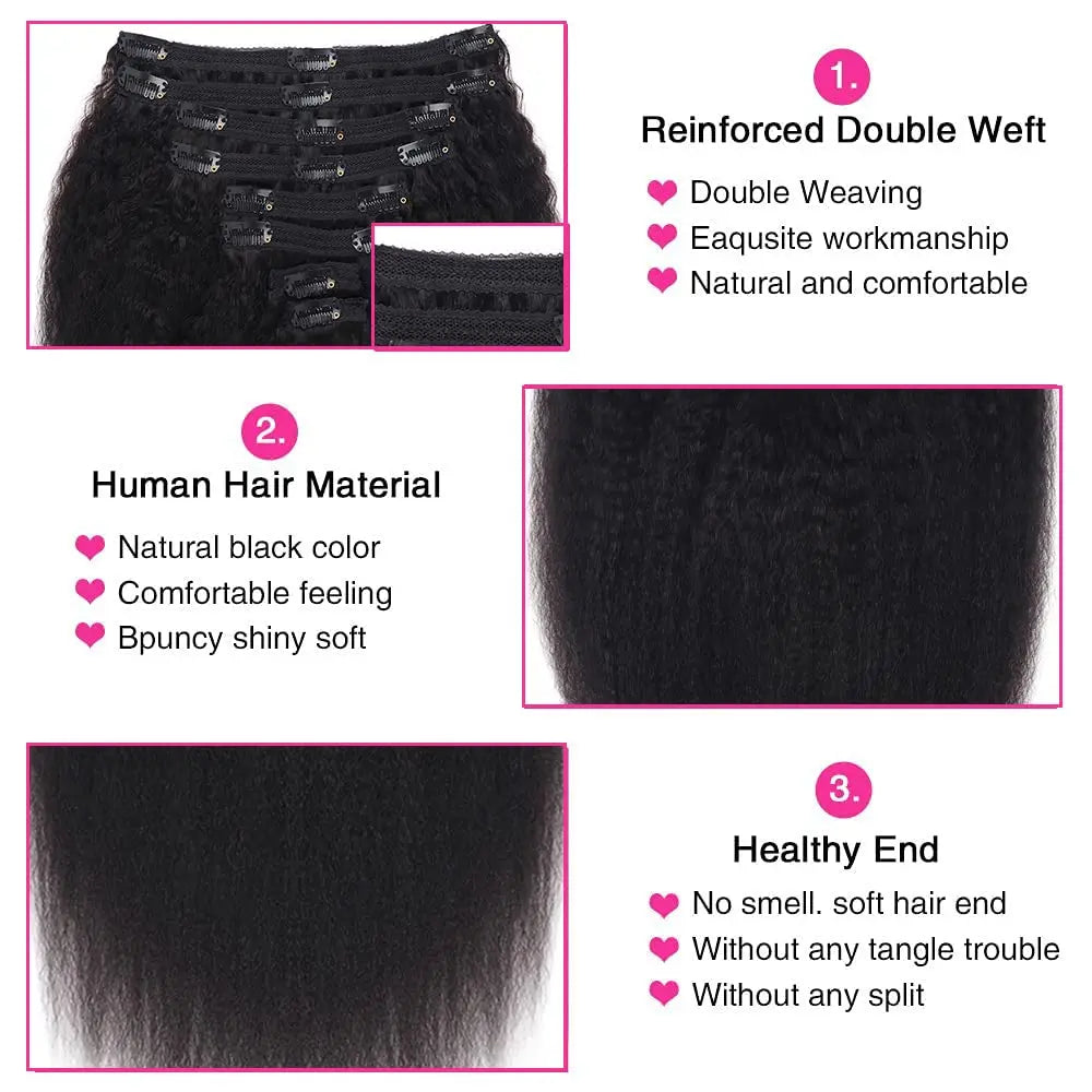 Kinky straight clip-in hair extensions, 26-inch natural black Brazilian human hair, 8-piece 120g set