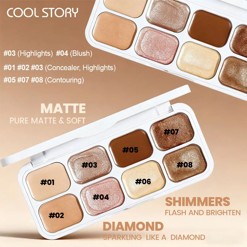 HSF 8-color shimmer eyeshadow palette with high-pigment shades for dimensional eye makeup and highlighting