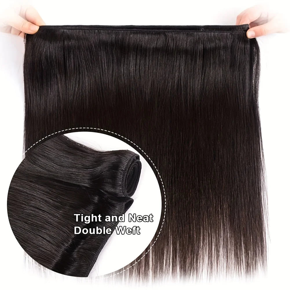 Straight Bundles With Frontal Closure Human Hair Double Weft Quick Weave 3 Bundles with 13x4 Frontal 4x4 Closure Pre Plucked #1B