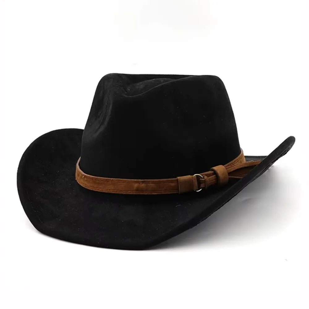 Women's ethnic style western cowboy fedora hat in imitation leather and velvet with rolled edge, HSF Marketplace