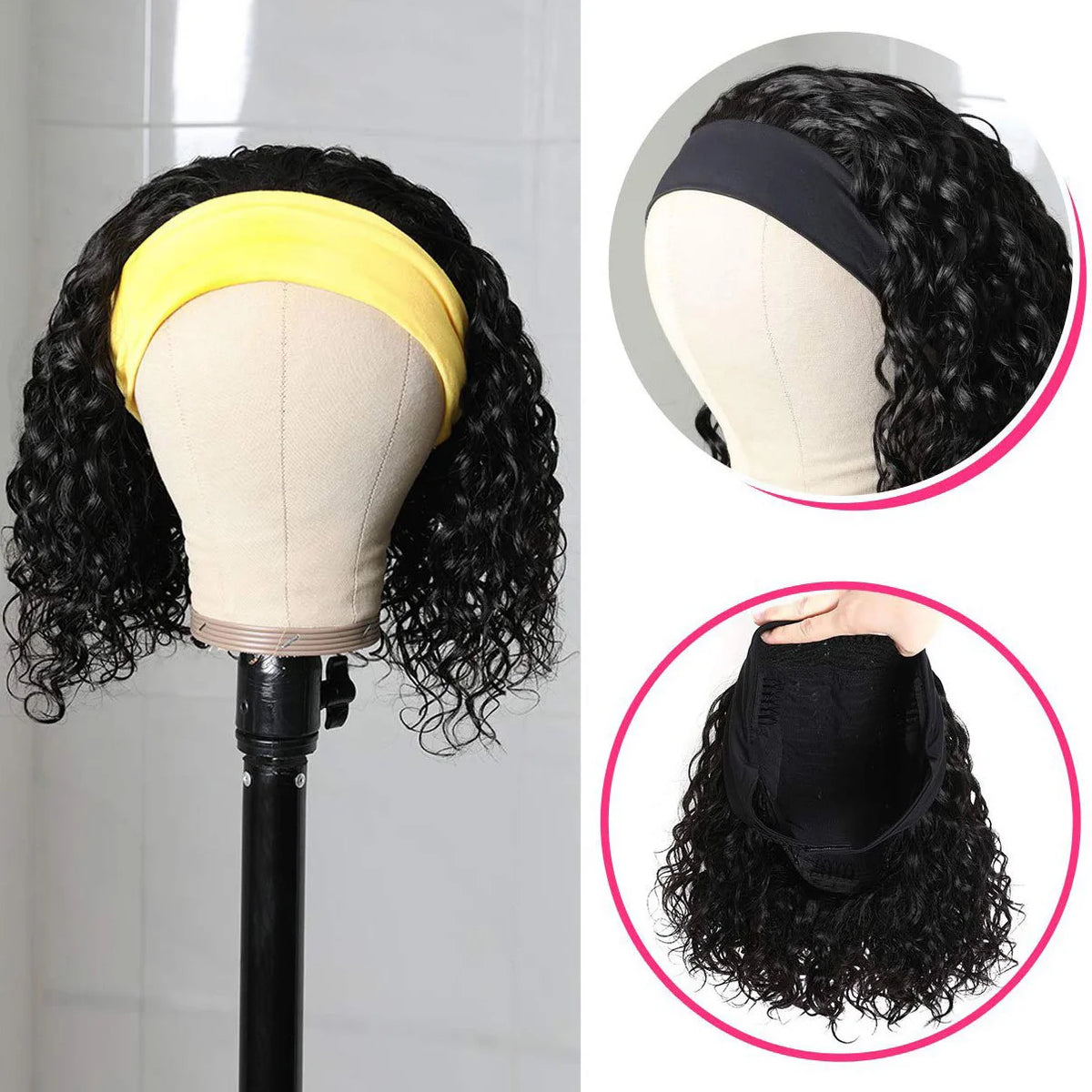 Deep wave headband wig, curly bob, 100% human hair, full machine-made, natural black by HSF Marketplace