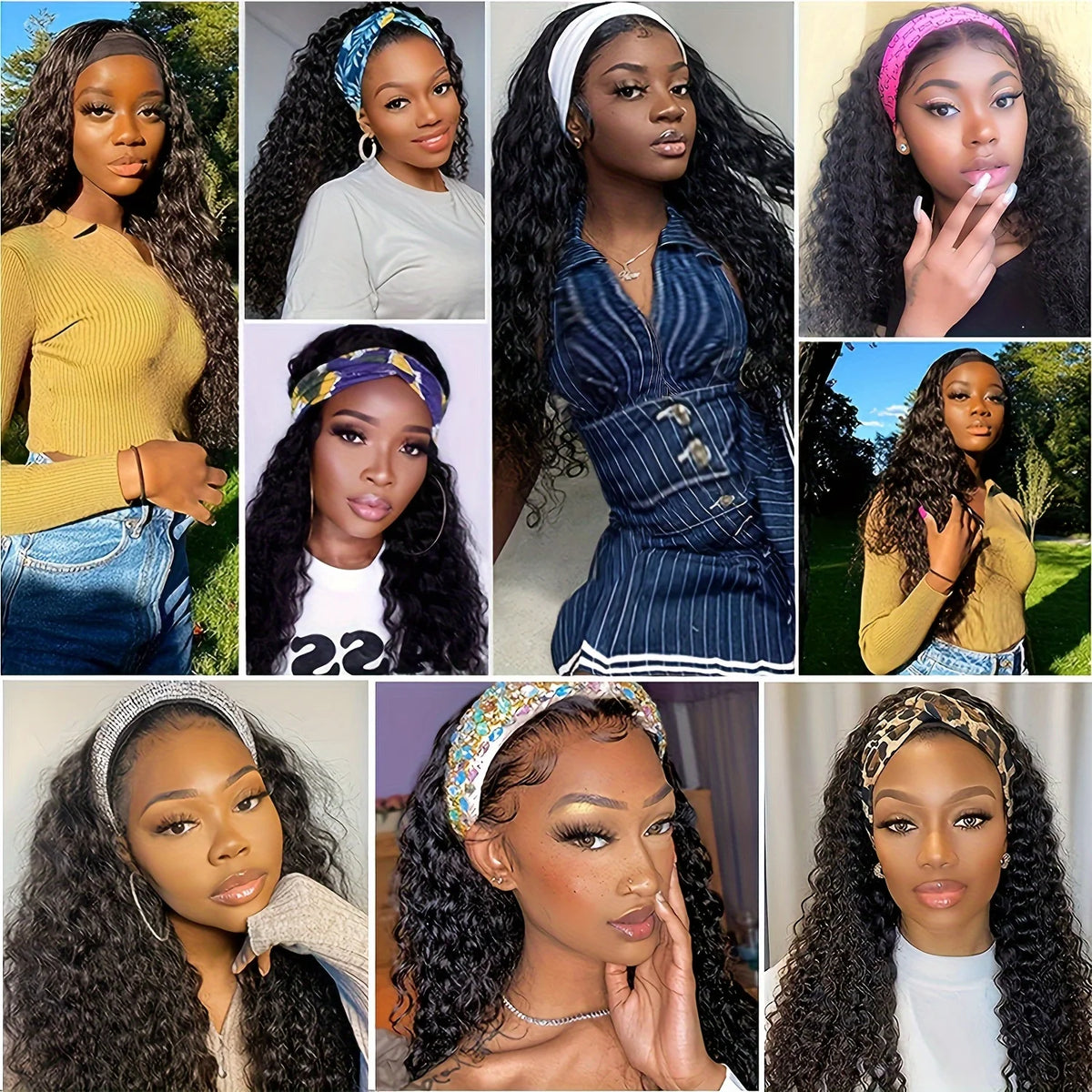 Deep wave headband wig, human hair curly bob in natural black, full machine-made style for women