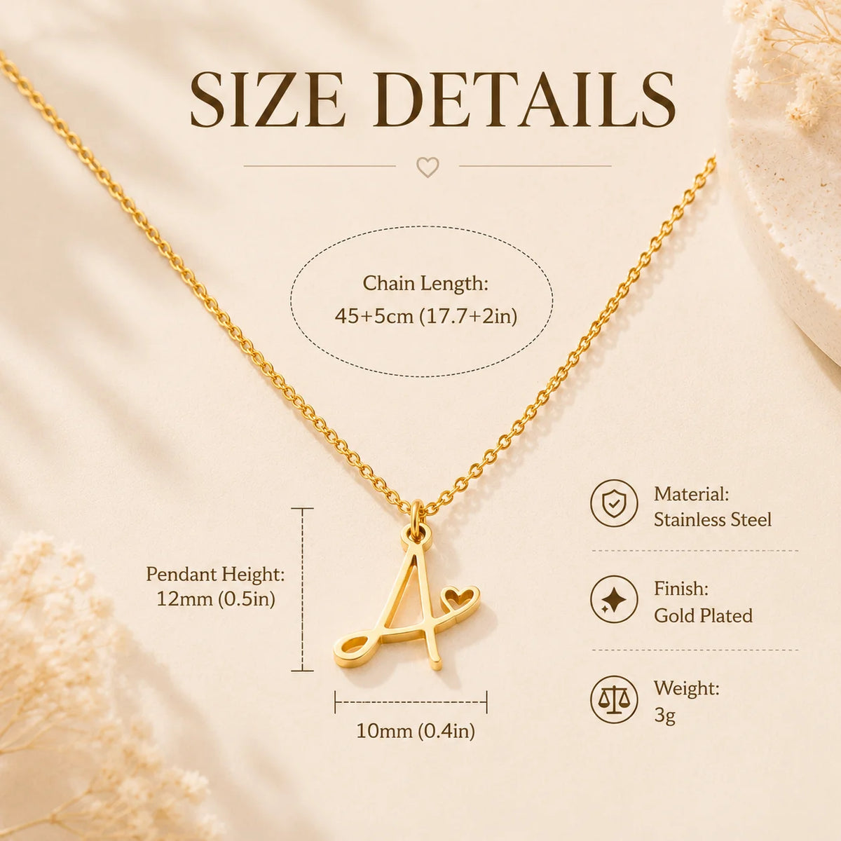 Gold plated dainty heart initial necklace for women with A-Z letter pendant, waterproof stainless steel monogram jewelry.