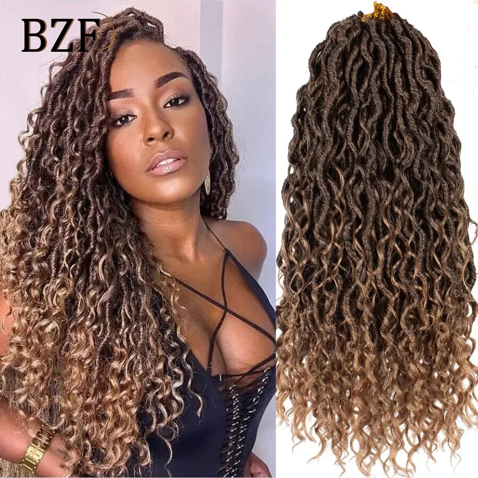Ombre Goddess Faux Locs crochet hair by HSF Marketplace, 18-inch river locs with curly ends and synthetic braiding texture.