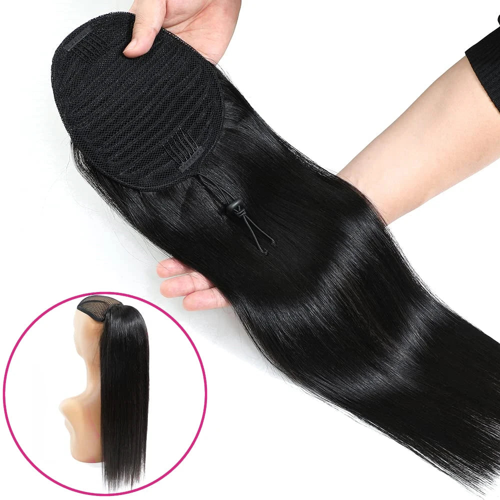 26-inch straight drawstring clip-in ponytail extension in natural color Brazilian Remy human hair for women