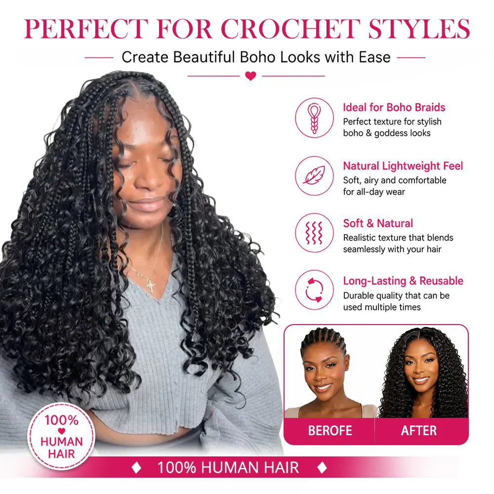 Miracle Knots Crochet Human Hair Deep Wave Bundles Invisible Knot Burmese Curly Boho Braids Crochet Human Hair Extensions 16-20 Inch Pre-Separated Reusable Feathered Human Crochet Curly 100% Human Hair For Black Women Lightwe
